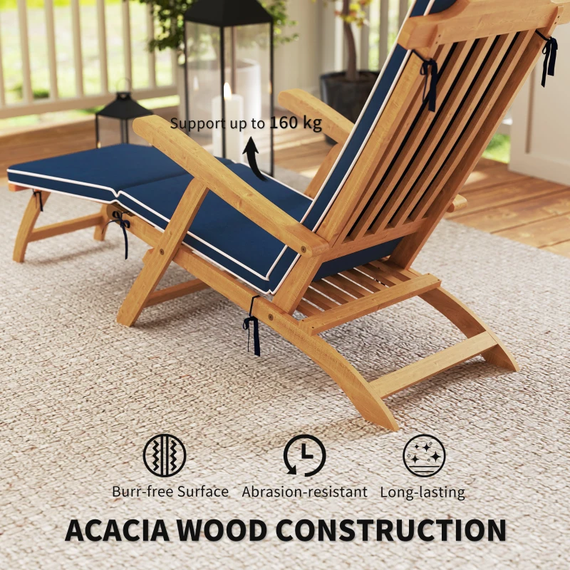 Outsunny Folding Patio Lounge Chair with Padded Cushion, Acacia Wood Patio Lounger Recliner with Footrest for Garden, Navy Blue