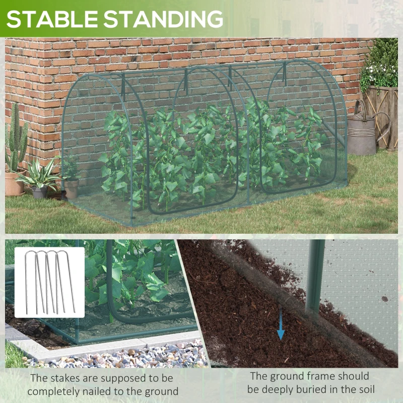 Outsunny 8' x 3' Crop Cage, Garden Plant Protector, with 3 Zippered Doors and 6 Ground Stakes, for Garden, Yard, Lawn Dark Green