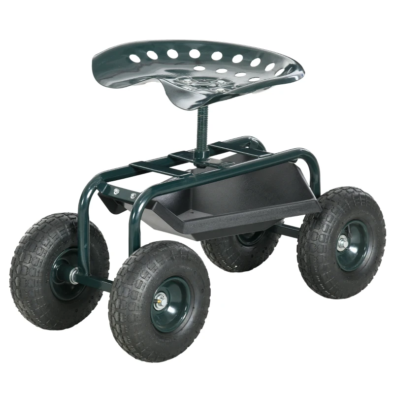 Outsunny Garden Cart Garden Seat on Wheels with Tool Tray, 360° Swivel and Height Adjustable Seat, for Patio and Yard