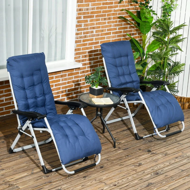 Outsunny Folding Garden Chairs Set of 2, Reclining Zero Gravity Chair, Sun Lounger with Cushion and Headrest, Dark Blue