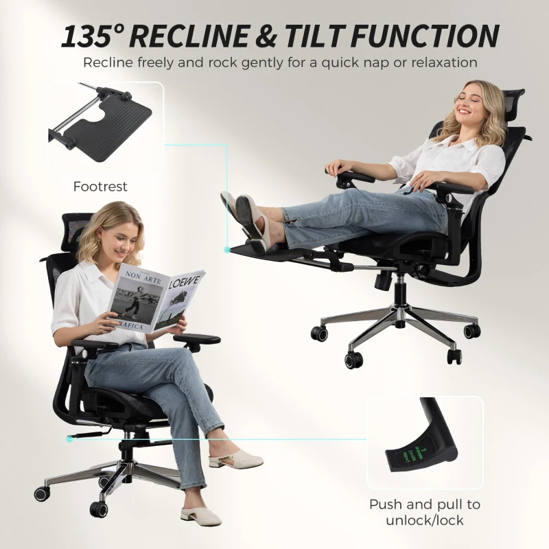 HOMCOM Ergonomic Office Chair, Mesh Computer Chair with High Back, Lumbar Support, 6D Armrests, Headrest, Footrest, Black