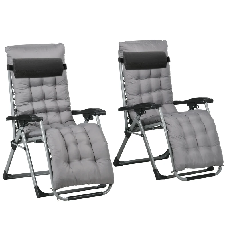 Outsunny Folding Garden Chairs Set of 2, Reclining Zero Gravity Chair, Sun Lounger with Cushion and Headrest, Dark Grey