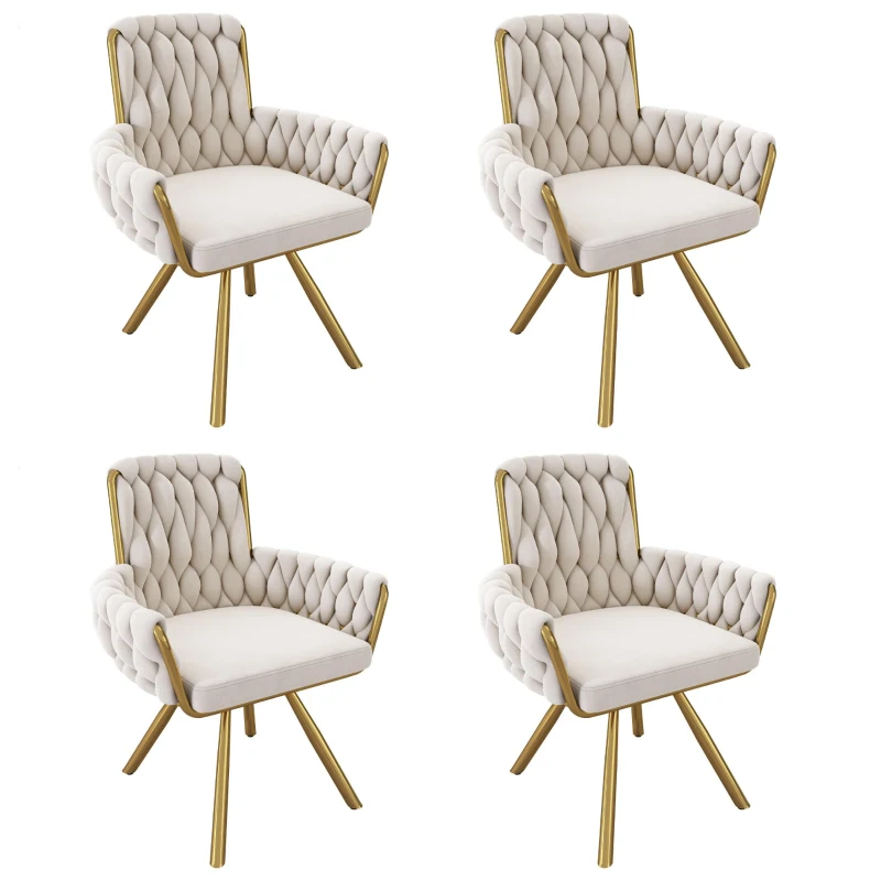 Set of 4 Velvet Tufted Dining Chairs with Ergonomic Support, Industrial-Chic Swivel Chairs with Metal Legs, 25'' L x 25'' W x 34'' H, Beige+Gold