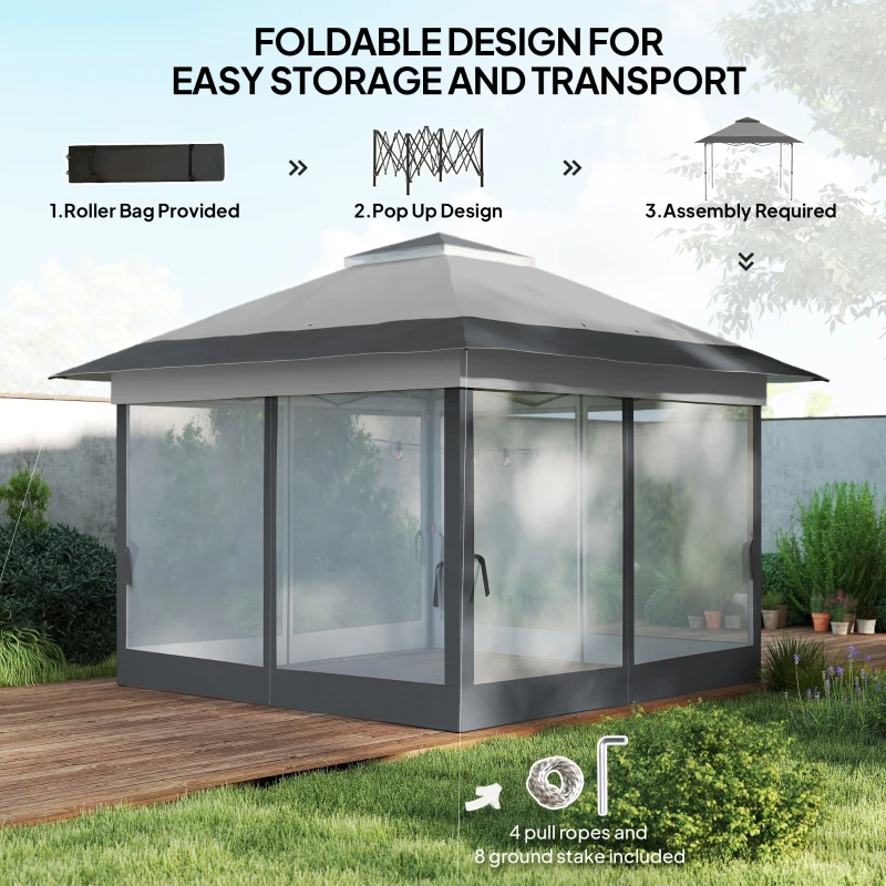 Outsunny 12' x 12' Foldable Pop-up Party Tent Instant Canopy Sun Shade Gazebo Shelter with Steel Frame, Dark Grey