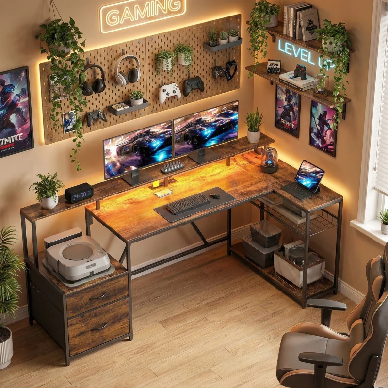 HOMCOM 76" Gaming Desk, Computer Table with RGB Lights, USB Ports, Monitor Stand and 2 Fabric Drawers, Rustic Brown