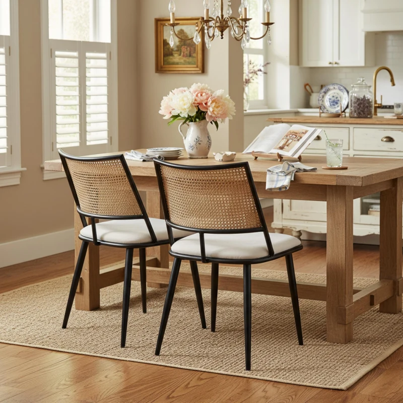 Set of 2 Modern Dining Chairs with PE Rattan Backrest, Ergonomic Side Chairs for Home or Restaurant, 19.5'' L x 19'' W x 31.5'' H, Black+Natural