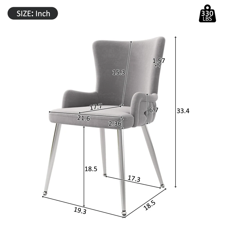 Set of 2 Velvet Dining Chairs with Electroplated Metal Legs, Ergonomic Chairs for Dining & Living Room, 21.5'' L x 20.5'' W x 33.5'' H, Gray+Silver
