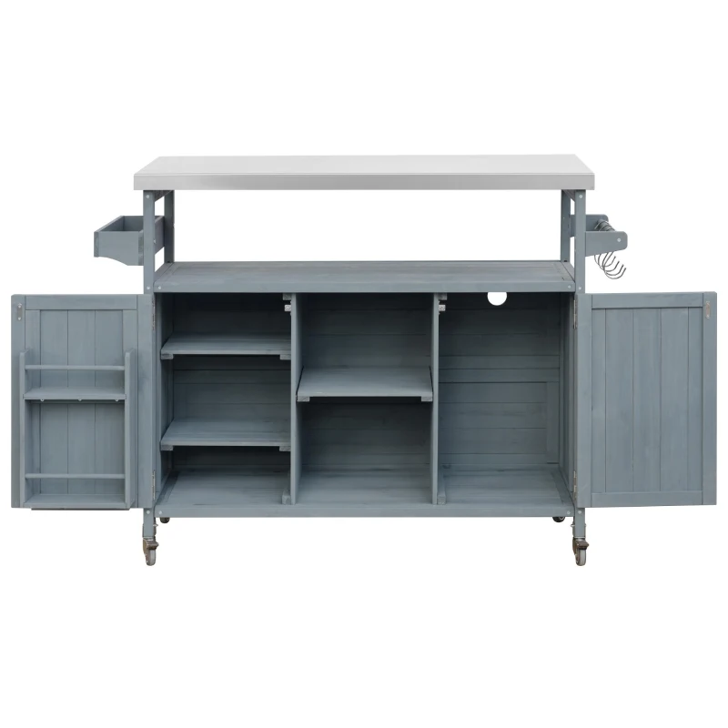 Outdoor Kitchen Island with Stainless Steel Top and Modular Shelves, Rolling Bar Cart with Spice Racks, 50'' L x 18.5'' W x 36'' H, Grey+Blue