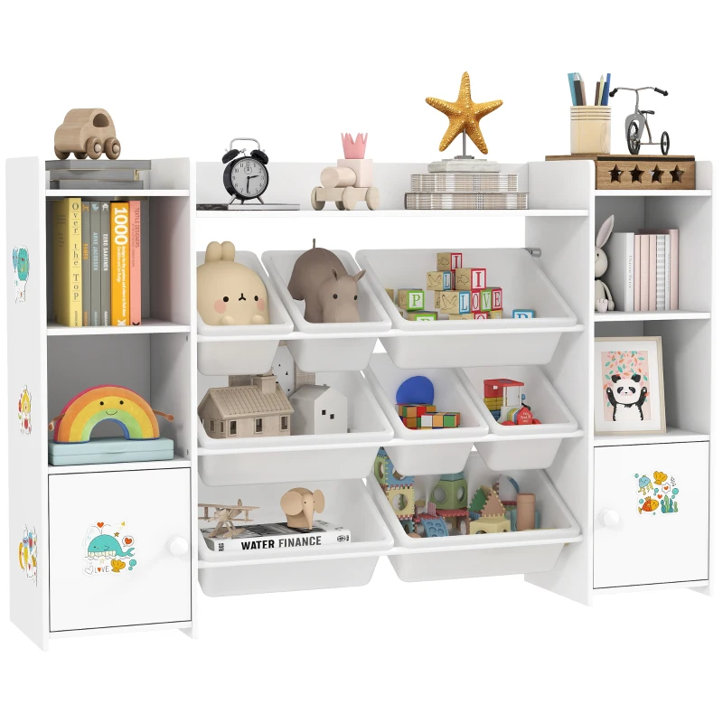 Qaba Kids Toy Organizers and Storage with 8 Removable Storage Bins and Bookshelf, White