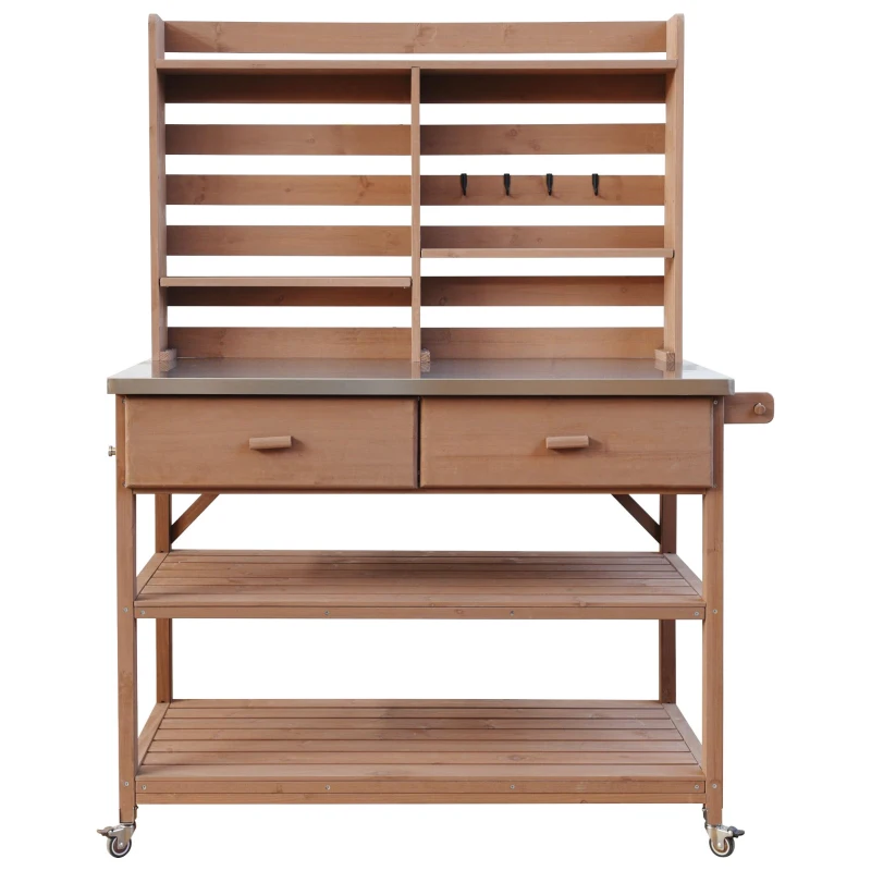 Outdoor Potting Bench Table with 2 Large Drawers, 4 Lockable Wheels, Wooden Kitchen Island with Stainless Steel Top, 52'' L x 22'' W x 65'' H, Brown