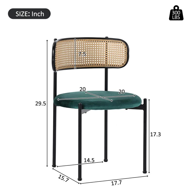 Set of 4 Modern Velvet Dining Chairs with PE Rattan Backrest, Minimalist Leisure Chairs with Round Padded Seat, 19.5'' L x 20'' W x 29.5'' H, Green