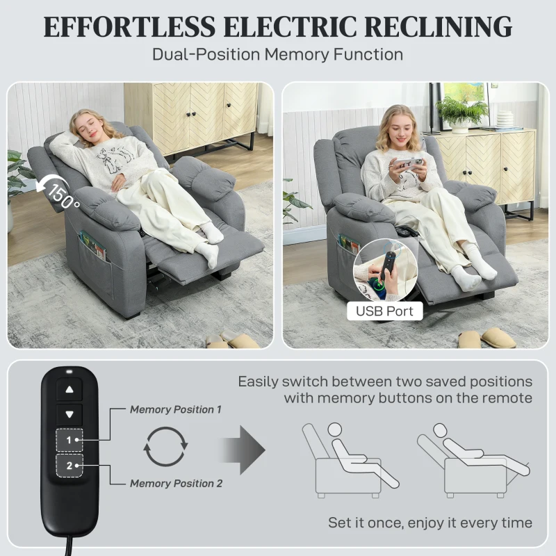 HOMCOM Massage Recliner Chair with Quiet Brushless Motor Pet-Friendly Fabric Power Recliner with 2 Memory Positions Grey