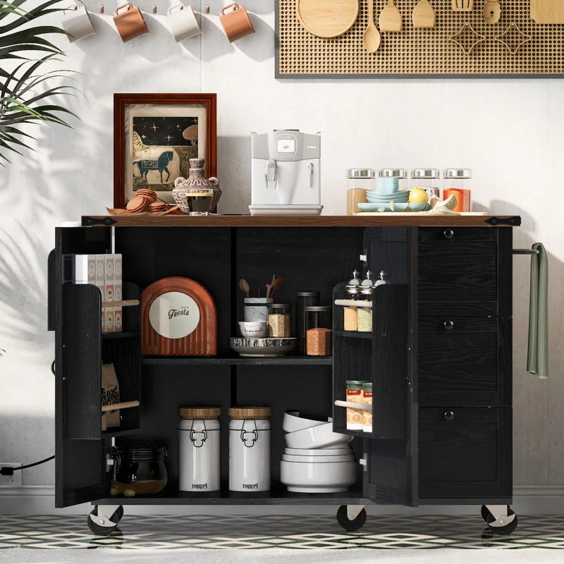 Farmhouse Kitchen Island with Built-in Charging Station, 3 Drawers, Rolling Cart for Kitchen and Dining Room, 54.5'' L x 28.5'' W x 36.5'' H, Black
