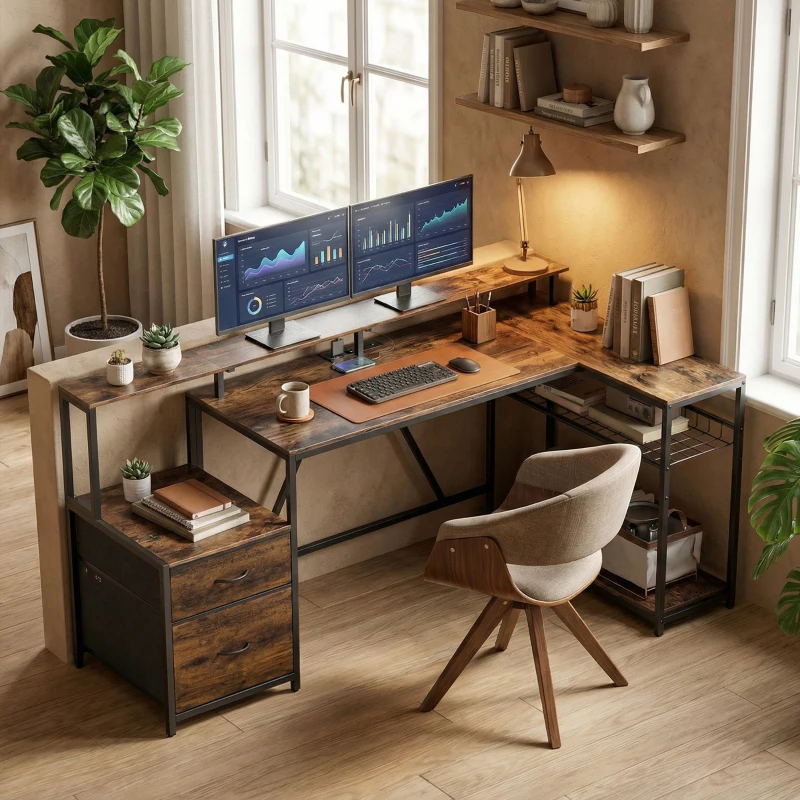 HOMCOM 76" Gaming Desk, Computer Table with RGB Lights, USB Ports, Monitor Stand and 2 Fabric Drawers, Rustic Brown