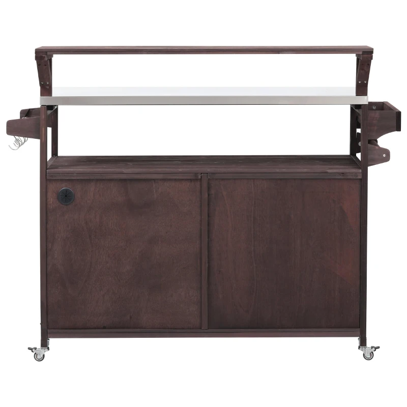Outdoor Kitchen Island with Raised Shelf, Stainless Steel Top, Solid Storage Cabinet with Internal Rack, 53.5'' L x 27'' W x 43'' H, Dark Brown