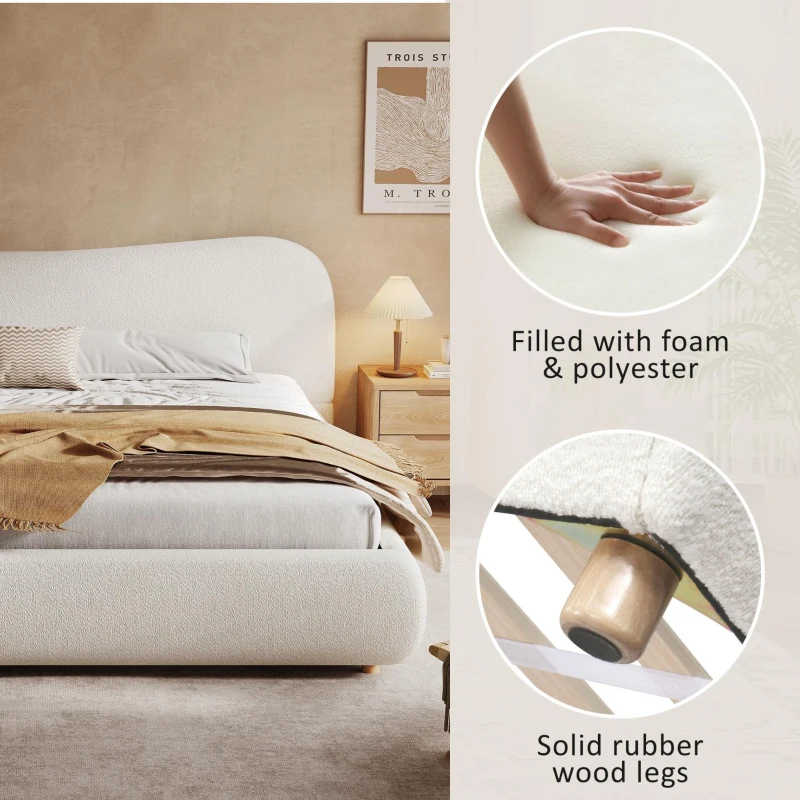 Queen Size Upholstered Platform Bed with Smooth Curved Headboard, Sturdy Bed Frame with Reinforced Slats, 86'' L x 65'' W x 34'' H, White