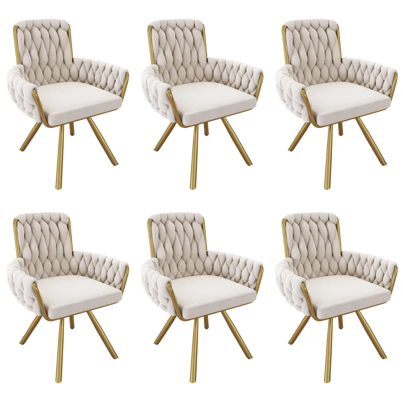 Set of 6 Velvet Dining Chairs with Electroplated Metal Legs, Upholstered Chairs with Ergonomic Support, 25'' L x 25'' W x 34'' H, Beige+Gold
