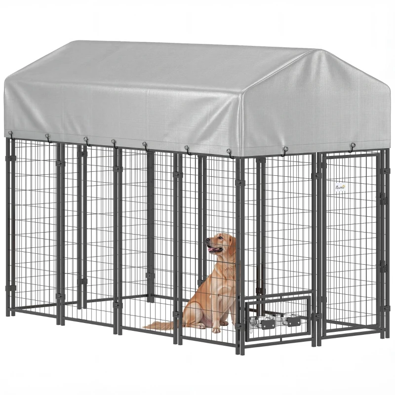 PawHut 8' x 4' x 6' Outdoor Dog Kennel, Dog Kennel Outside Run with 360° Rotating Bowls, Waterproof & UV Resistant Cover