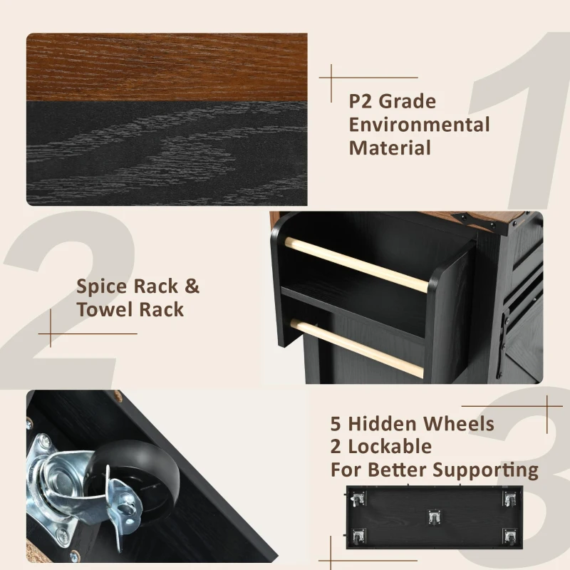 Farmhouse Kitchen Island with 2 Sliding Barn Doors, 3 Drawers, Rolling Kitchen Cart with Built-in Power Outlet, 53.5'' L x 18.5'' W x 37'' H, Black