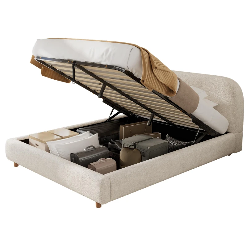 Queen Size Hydraulic Lift Storage Bed with Upholstered Headboard, Modern Bedboard with Rubberwood Legs, 88'' L x 64'' W x 35'' H, White