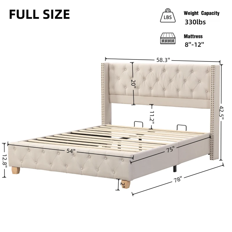 Full Size Upholstered Platform Bed with Diamond Tufted Headboard, Extra‑Wide Bedboard with Wooden Legs, 58.5'' L x 78'' W x 42.5'' H, Beige