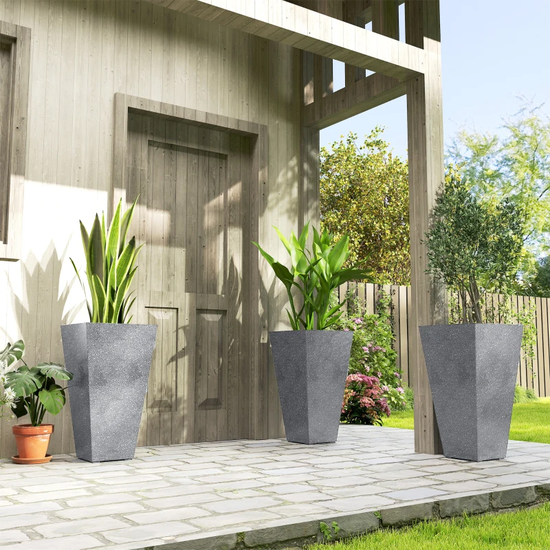 Outsunny 28" Tall Planters, Set of 3 Plastic Flower Pots with Marble Finish and Drainage Holes, Stackable Taper Planters, Gray