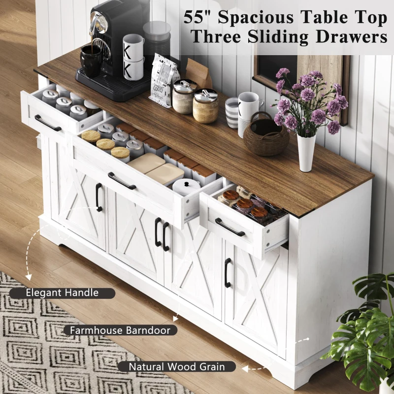 Large Buffet Sideboard with 3 Drawers and 4 Internal Door Shelves, Modern Coffee Bar for Kitchen, Living Room, 55'' L x 15.5'' W x 32'' H, White