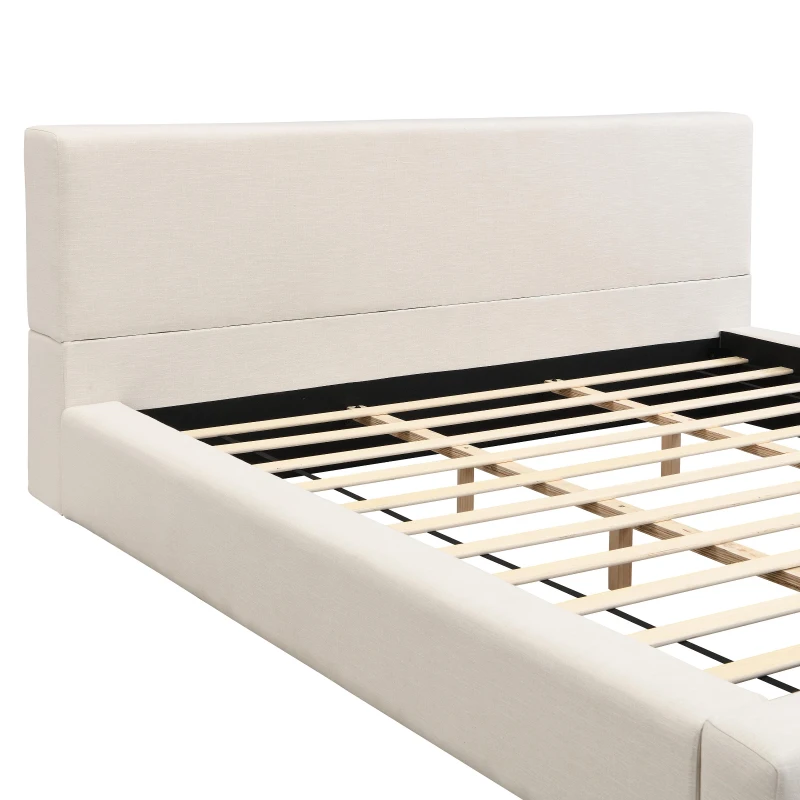 King Size Upholstered Platform Bed with Supportive Slats & Rubber Wood, Soft-Pack Bed with Embedded Frame, 94.5'' L x 88'' W x 37'' H, Beige