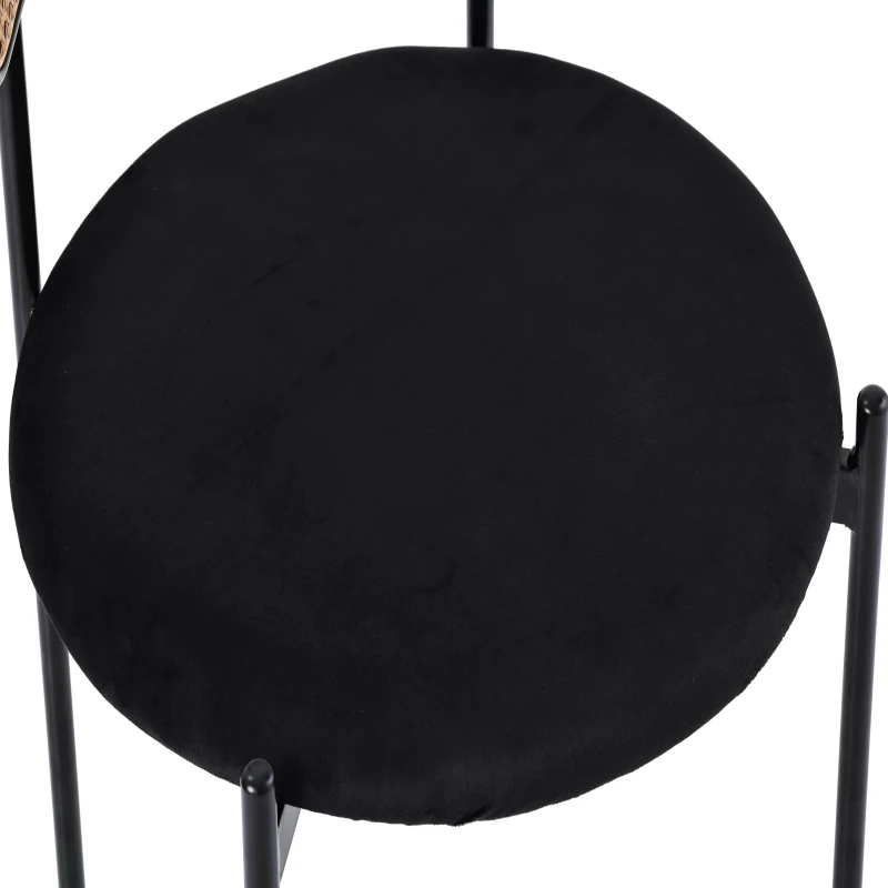 Set of 4 Velvet Dining Chairs with PE Rattan Backrest, Modern Leisure Chairs with Sturdy Metal Legs, 19.5'' L x 20'' W x 29.5'' H, Black+Natural