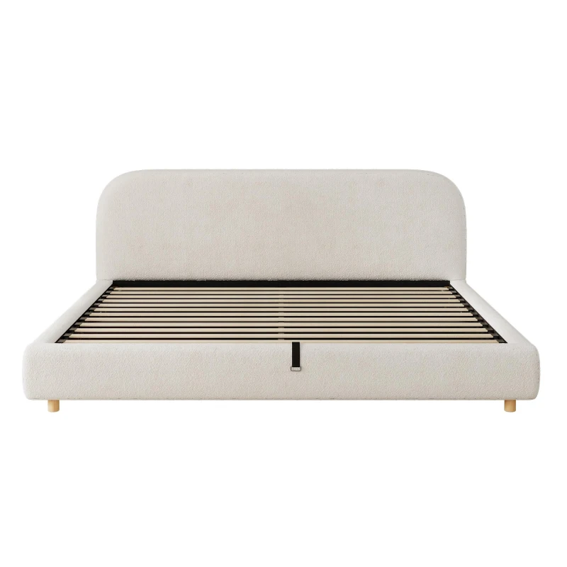 King Size Hydraulic Lift Storage Bed with Upholstered Curved Headboard, Hidden Under-Bed Storage for Bedroom, 86'' L x 80'' W x 35'' H, White