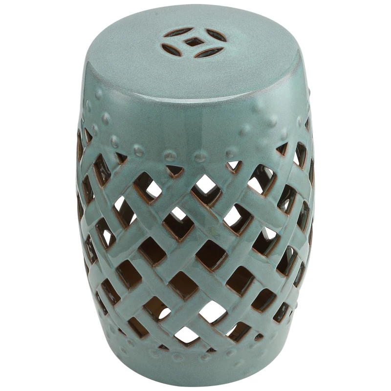 Outsunny 18" Ceramic Garden Stool with Woven Lattice Design, Indoor & Outdoor Decorative Accent Stool, Blue