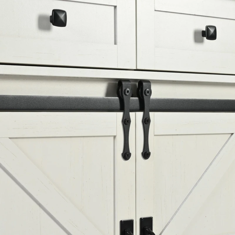 Farmhouse Kitchen Island with 2 Sliding Barn Doors, 3 Drawers, Rolling Kitchen Cart with Built-in Power Outlet, 53.5'' L x 18.5'' W x 37'' H, White