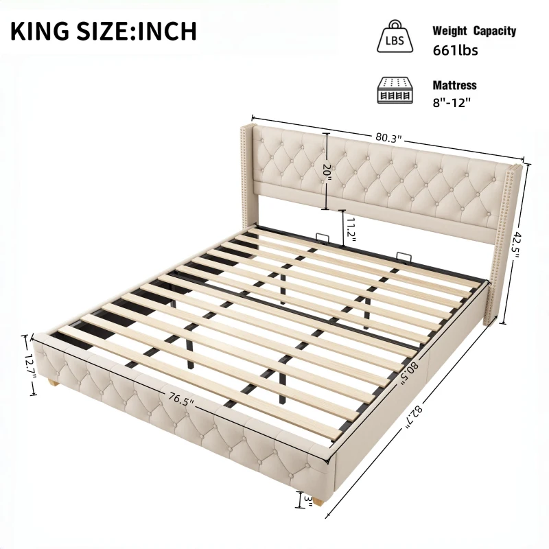 King Size Linen Upholstered Bed with Diamond Tufted Buttons, Solid Bedboard with Sturdy Wood Legs, 80.5'' L x 82.5'' W x 42.5'' H, Beige