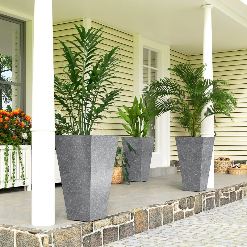 Outsunny 28" Tall Planters, Set of 3 Plastic Flower Pots with Marble Finish and Drainage Holes, Stackable Taper Planters, Gray