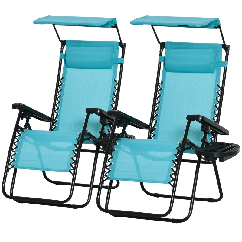 Outsunny 2 Piece Foldable Lounge Chair with Canopy Shade, Outdoor Zero Gravity Chair w/ Side Tray & Cup Holder, Reclining Lounger w/ Breathable Mesh Fabric Seat, Pillow, Sky Blue