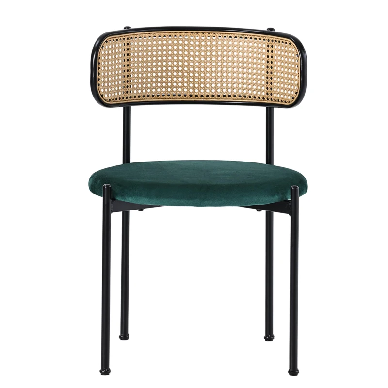 Set of 4 Modern Velvet Dining Chairs with PE Rattan Backrest, Minimalist Leisure Chairs with Round Padded Seat, 19.5'' L x 20'' W x 29.5'' H, Green