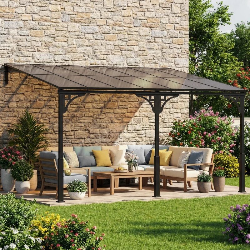Outsunny 13' x 10' Lean to Gazebo, Hardtop Wall Mounted Outdoor Pergola with Polycarbonate Roof and Metal-Aluminium Frame