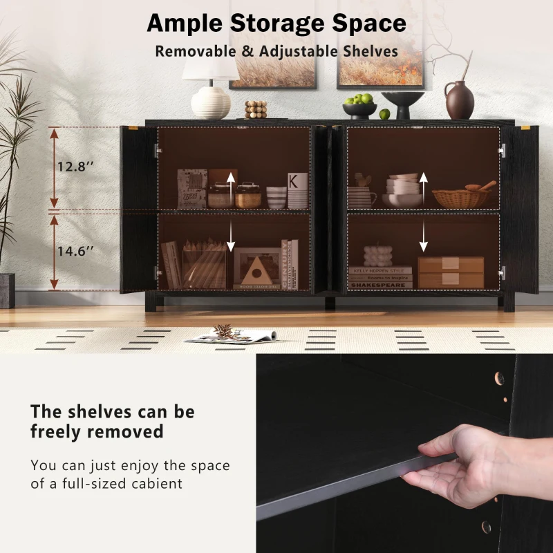 Fluted Buffet Cabinet with 4 Doors, Adjustable Shelves, Soft-Close Hinges, Large Buffet Sideboard for Dinning Room, 55'' L x 15.5'' W x 33'' H, Black