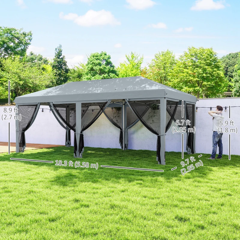 Outsunny 10' x 20' Pop Up Canopy Tent Gazebo with Removable Mesh Sidewall Netting, Carry Bag for Backyard Patio Outdoor, Grey