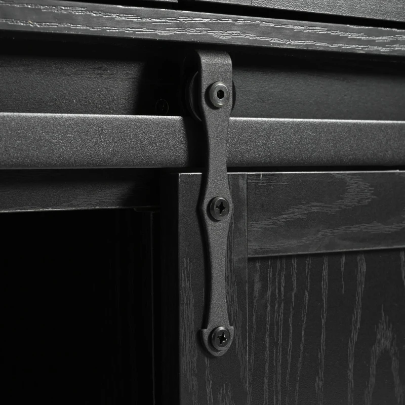 Farmhouse Kitchen Island with 2 Sliding Barn Doors, 3 Drawers, Rolling Kitchen Cart with Built-in Power Outlet, 53.5'' L x 18.5'' W x 37'' H, Black