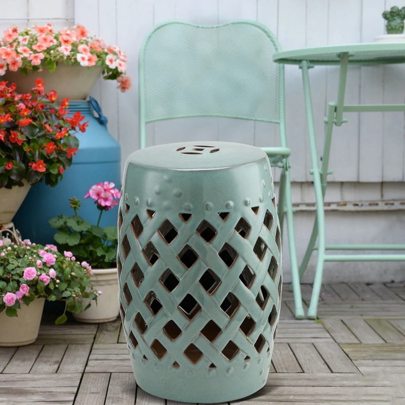 Outsunny 18" Ceramic Garden Stool with Woven Lattice Design, Indoor & Outdoor Decorative Accent Stool, Blue