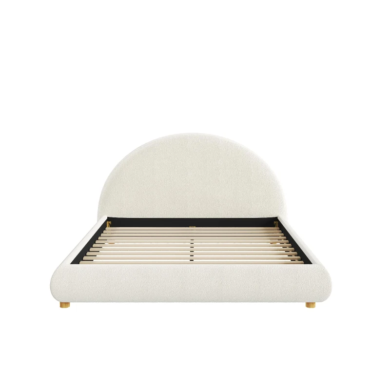 Queen Size Upholstered Platform Bed with Rounded Enclosed Headboard, Sturdy Bed Frame with Mattress Retainer, 86.5'' L x 64'' W x 41'' H, White