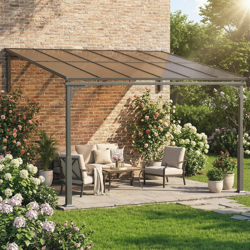 Outsunny 11' x 10' Outdoor Pergola, Wall Mounted Hardtop Lean-to Gazebo with Polycarbonate Roof and Metal-Aluminium Frame
