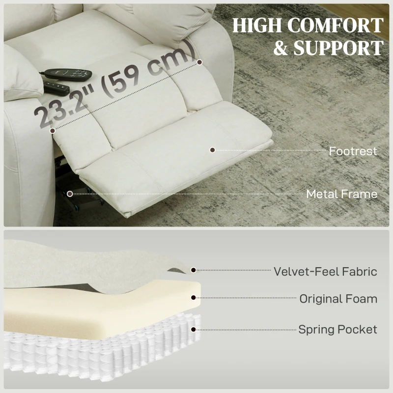 HOMCOM Massage Recliner Chair with Quiet Brushless Motor Pet-Friendly Fabric Power Recliner with 2 Memory Positions Cream White