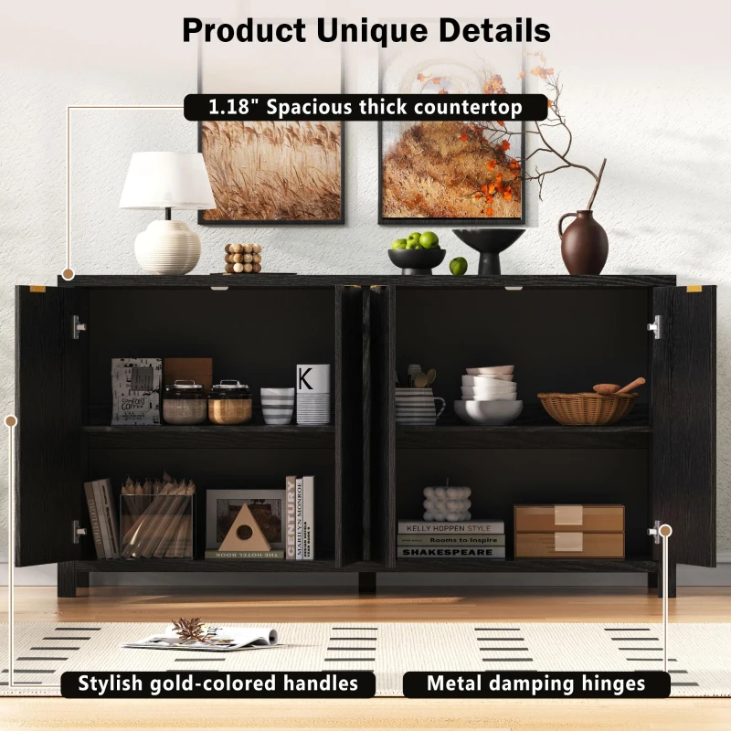 Fluted Buffet Cabinet with 4 Doors, Adjustable Shelves, Soft-Close Hinges, Large Buffet Sideboard for Dinning Room, 55'' L x 15.5'' W x 33'' H, Black