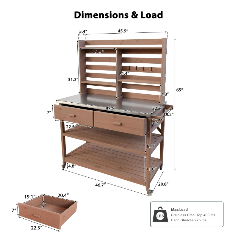 Outdoor Potting Bench Table with 2 Large Drawers, 4 Lockable Wheels, Wooden Kitchen Island with Stainless Steel Top, 52'' L x 22'' W x 65'' H, Brown