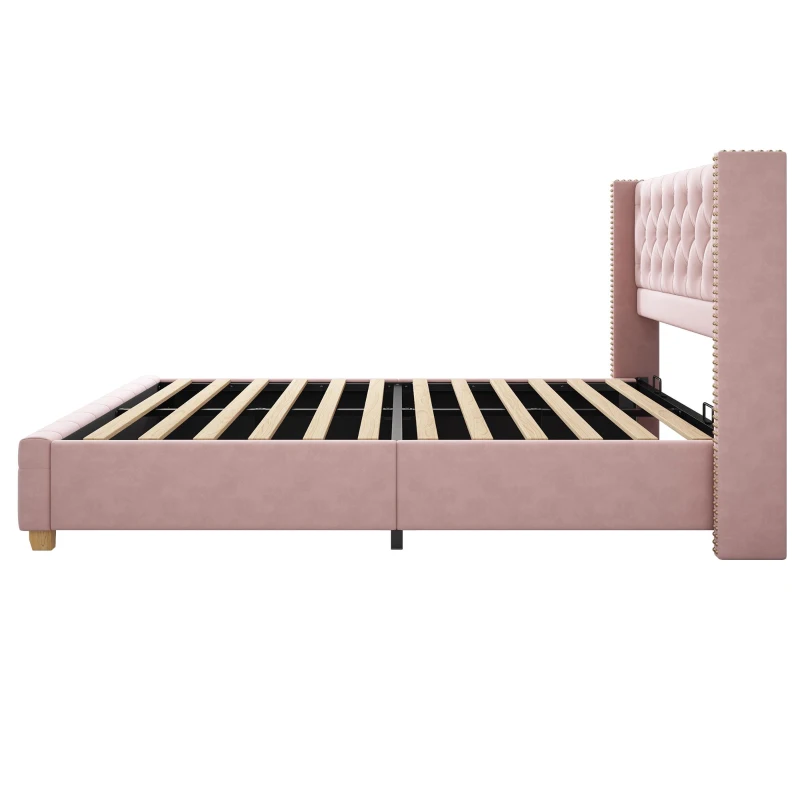 Full Size Velvet Upholstered Platform Bed with Diamond Button Tufting, Extra‑Wide Bedboard with Wooden Legs, 58.5'' L x 78'' W x 42.5'' H, Pink