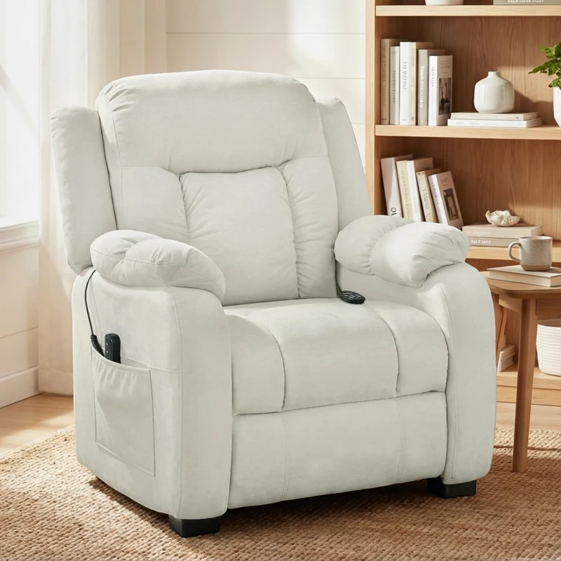 HOMCOM Massage Recliner Chair with Quiet Brushless Motor Pet-Friendly Fabric Power Recliner with 2 Memory Positions Cream White