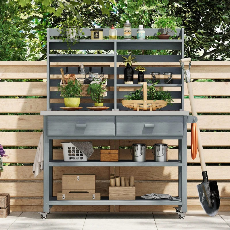 Outdoor Potting Bench Table with 2 Large Drawers, 4 Lockable Wheels, Wooden Kitchen Island with Stainless Steel Top, 52'' L x 22'' W x 65'' H, Grey+Blue