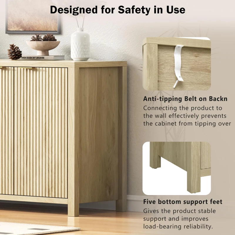 Fluted Buffet Sideboard with 4-Door Cabinet, Adjustable Shelves, Farmhouse Storage with Soft-Close Hinges, 55'' L x 15.5'' W x 33'' H, Natural